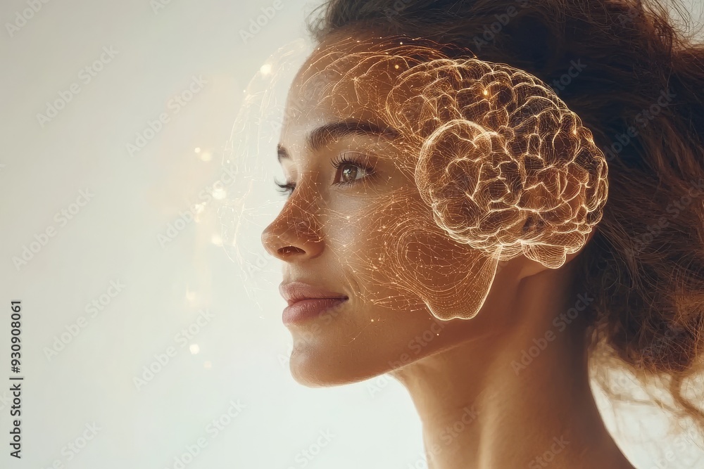 Aufkleber portrait of a woman with a glowing brain representing the interplay between thoughts emotions and cr