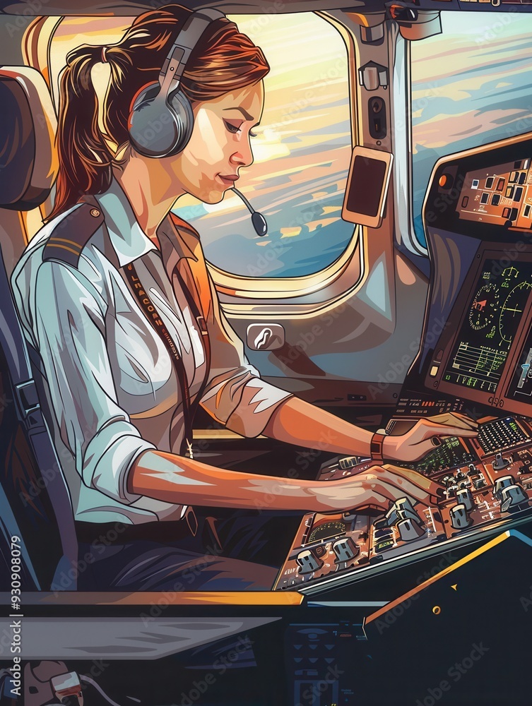 Poster the flight attendant focuses on the cockpit instruments, ensuring safe navigation as the sun rises o