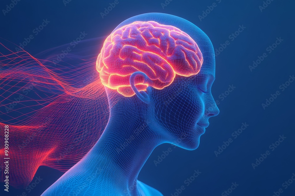 Poster digital illustration of a person with a glowing brain surrounded by swirling light patterns represen