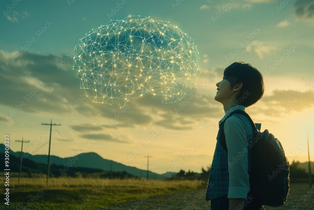 Poster a person standing in an open field gazing at a glowing digital brain floating in the sky symbolizing