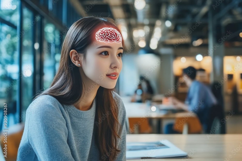 Poster woman with a glowing brain working in a modern office environment symbolizing the fusion of technolo