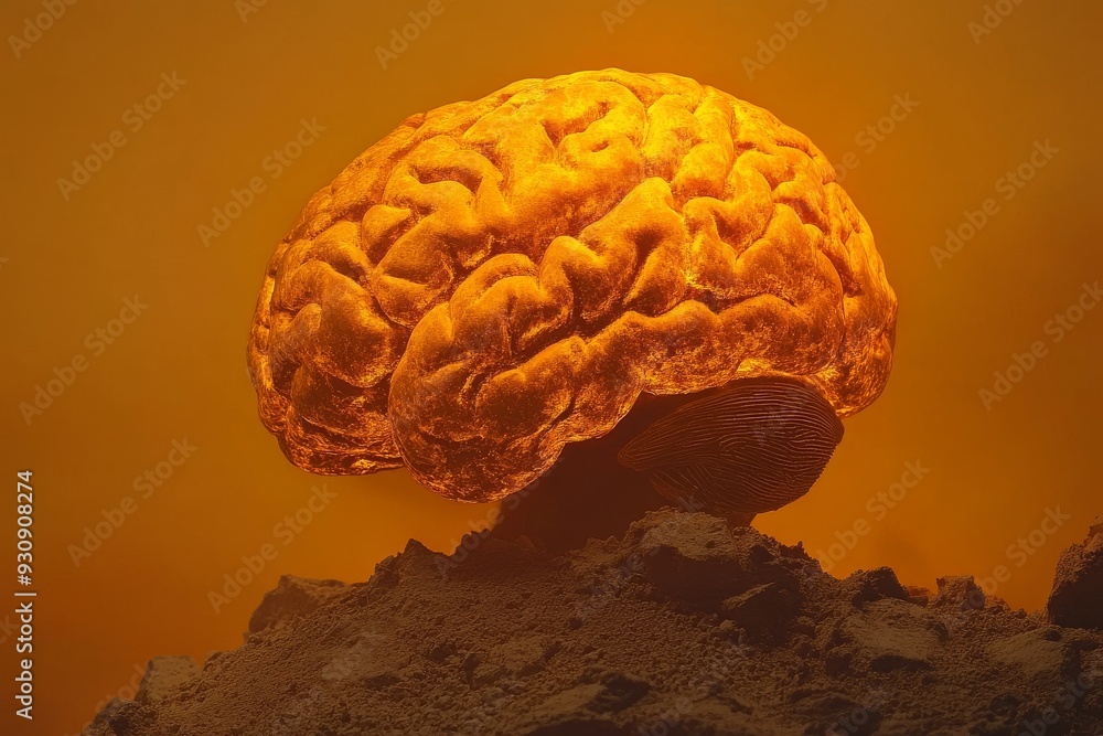 Poster a large glowing brain emerging from a mound of dirt in a surreal dreamlike landscape symbolizing the