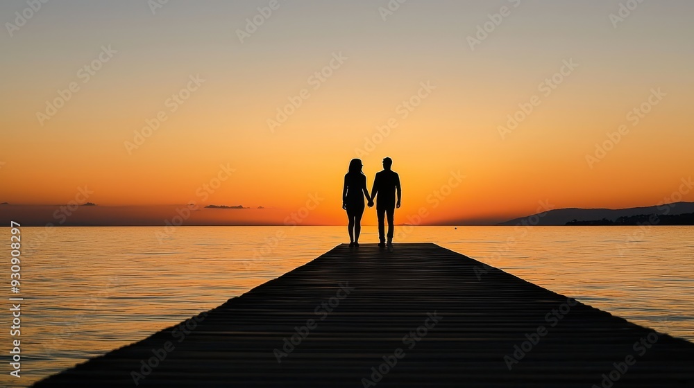 Wall mural couple silhouettes holding hands on wooden pier at sunset over sea