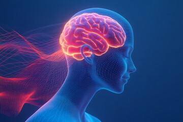 Digital illustration of a person with a glowing brain surrounded by swirling light patterns representing the synergy between technology creativity and cognitive processes in a futuristic world