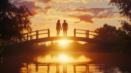 Naklejka premium Silhouette of Couple Holding Hands on Bridge at Sunset