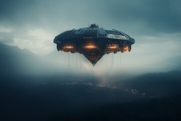 UFO Hovering Over Forest Landscape - Sci-Fi Concept Art