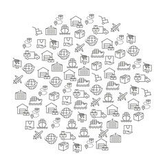 Export, delivery and shipping concept doodle. cargo, plane, ship, deliveriy icons making circle doodle