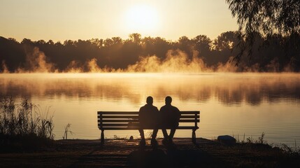 Fototapeta premium Silhouettes of Two People Sitting on Bench by Lake at Sunset