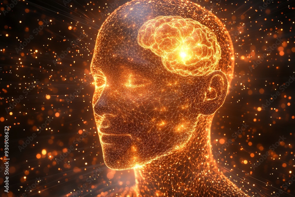 Poster abstract depiction of two glowing brains merging together representing the fusion of ideas collabora