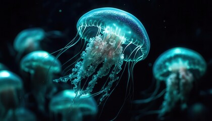 Naklejka premium Depict a cluster of bioluminescent jellyfish, their blue and green lights shimmering in the deep black sea