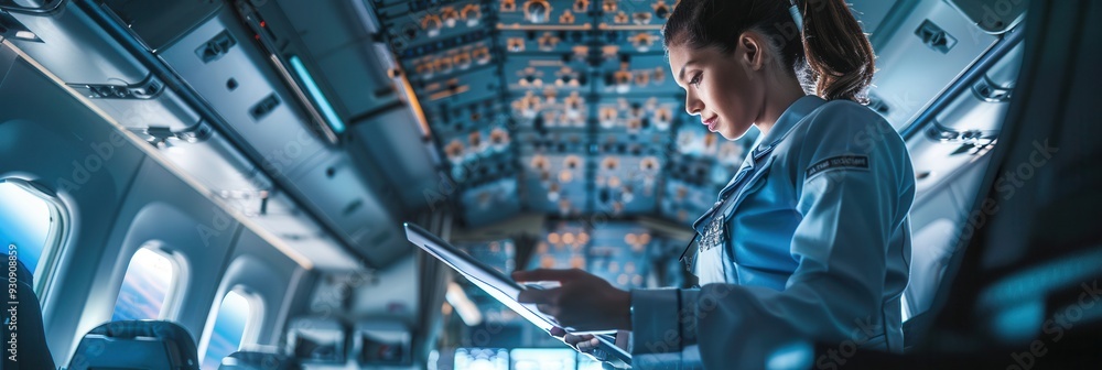Poster a flight attendant checks safety procedures and prepares the aircraft cabin for passengers before ta
