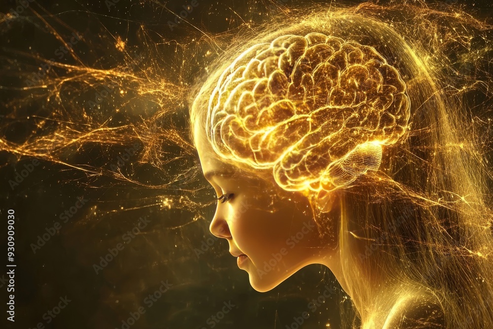 Aufkleber side profile of a man with a glowing brain surrounded by cosmic particles symbolizing the fusion of 