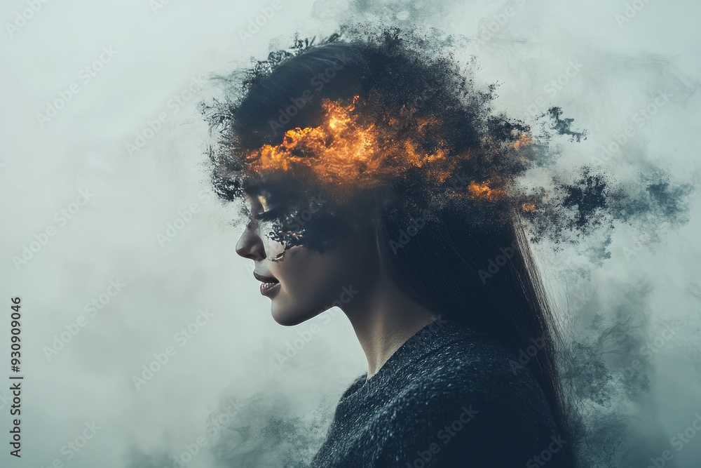 Aufkleber silhouette of a woman with a glowing brain against a cloudy background symbolizing the balance betwe