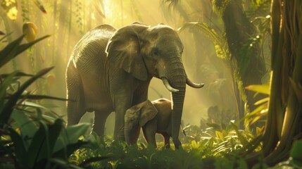 Fototapeta premium A mother elephant and her young calf stroll through a vibrant, sunlit jungle filled with lush foliage in the early morning mist. Generative AI