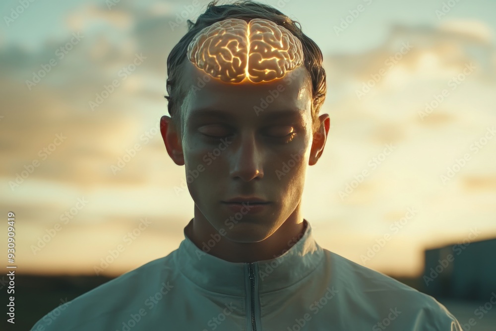 Poster man with a glowing brain standing in a sunset lit environment symbolizing the power of thought inner