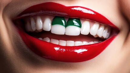 Obraz premium Closeup of a woman's smile with a green, white, and red tooth