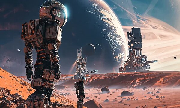 Exploring a futuristic Martian landscape with advanced robots and structures in the background. Generative AI