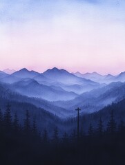 Fototapeta premium A beautiful watercolor painting of mountain ridges under soft pink skies, illustrating tranquility and exploration