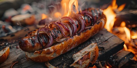 Traditional Australian Barbecue Sausage in Bread with Onions and Tomato Sauce