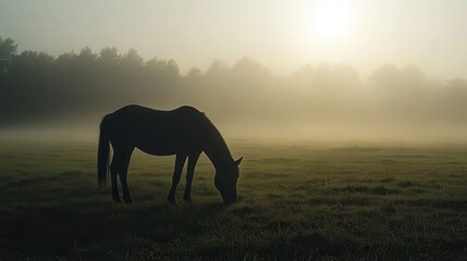 Obraz premium Silhouette of a Horse Grazing in a Misty Field at Sunrise