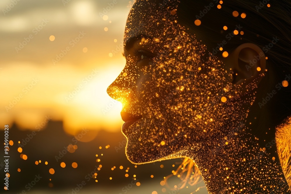 Aufkleber abstract depiction of a woman with a glowing brain made of particles symbolizing the fusion of creat