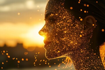 Abstract depiction of a woman with a glowing brain made of particles symbolizing the fusion of creativity intelligence and the radiant power of thoughts in a dynamic vibrant setting