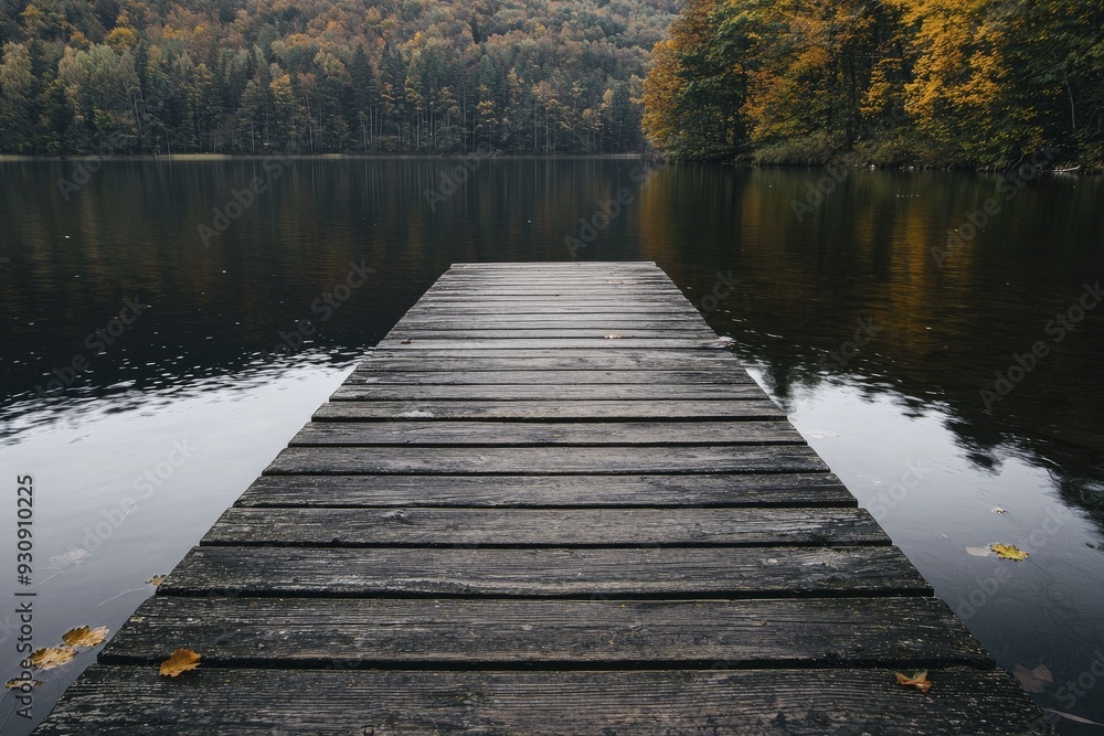 Poster A tranquil and charming scene of a weathered wooden pier extending into a peaceful lake, framed by vibrant autumn leaves.