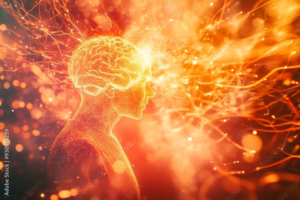Poster Side profile of a woman with a glowing brain and warm light symbolizing the harmonious balance between thoughts creativity and emotions in a peaceful introspective environment
