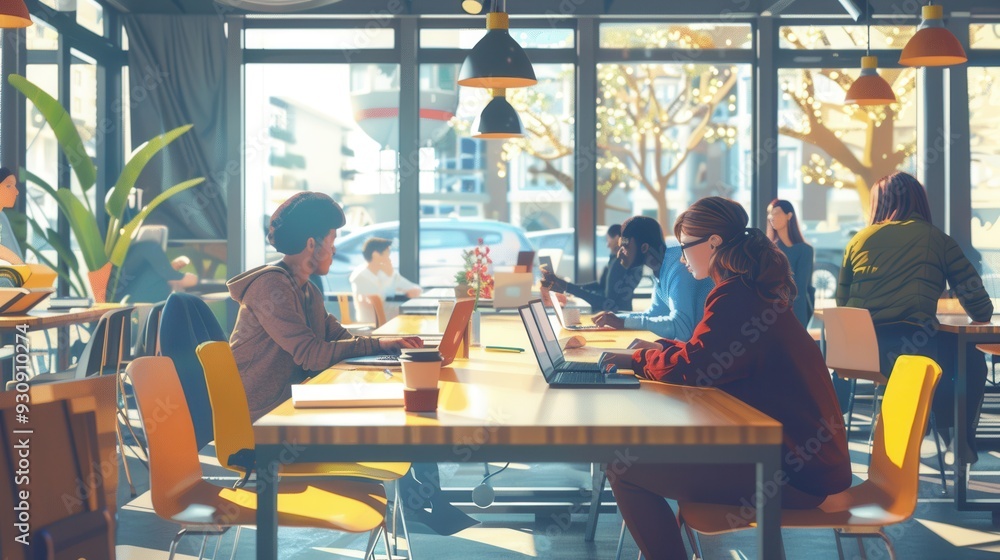 Poster a group of young entrepreneurs brainstorms ideas at a café, surrounded by laptops, notebooks, and co