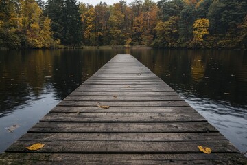 Fototapeta premium A serene and picturesque view of a rustic wooden pier leading out to a calm lake surrounded by colorful foliage