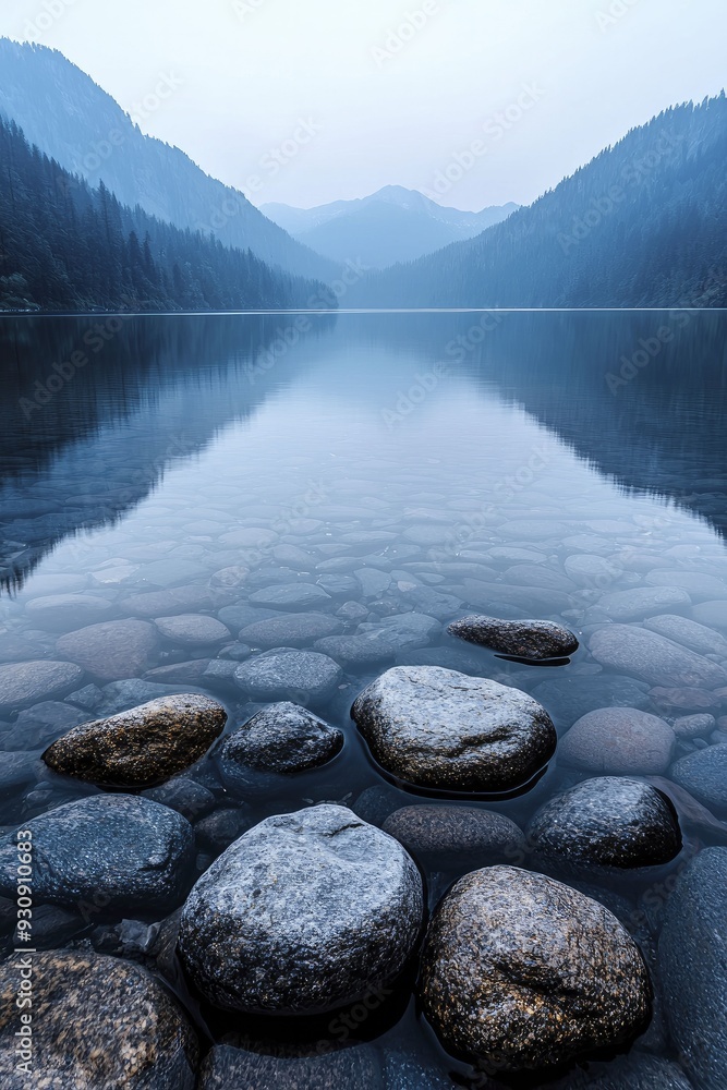 Poster A tranquil lakeside scene with glowing mountains under a clear sky, symbolizing peace and renewal after great achievements