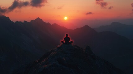 Silhouette of a Person Meditating on Mountaintop at Sunset