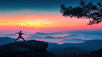 Silhouette of a Person Practicing Yoga on a Mountaintop at Sunrise