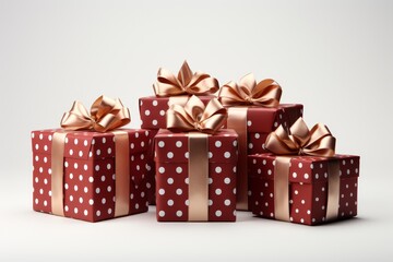 Fototapeta premium Red Gift Boxes with Gold Ribbons and White Polka Dots