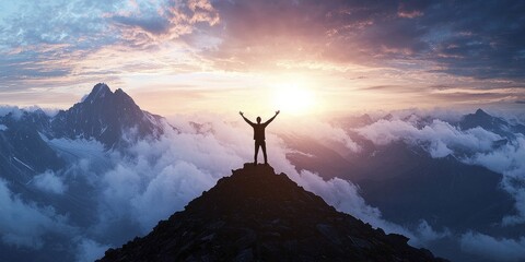 Creative illustration of a man triumphantly standing atop a mountain, radiating self-assurance and the exhilaration of success.