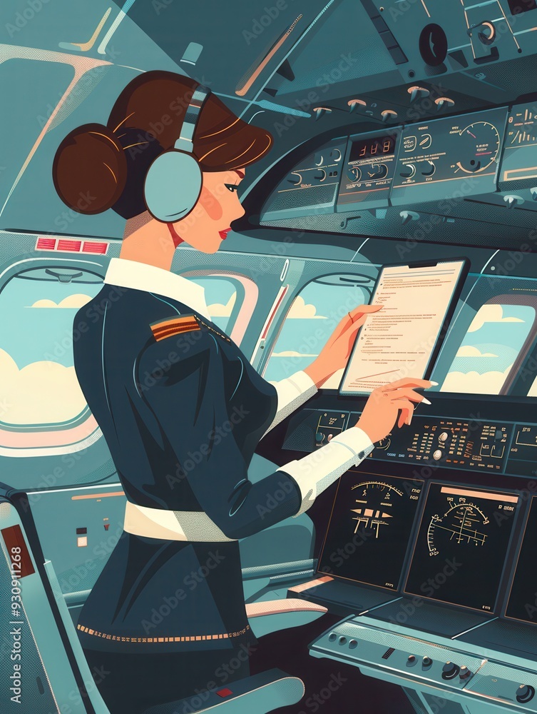 Poster A flight attendant studies flight documents while seated in the cockpit, preparing for the journey ahead amid a clear blue sky. Generative AI