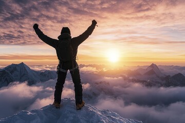Obraz premium Climber rejoicing in victory after reaching the peak, enveloped by the gentle embrace of the morning light.