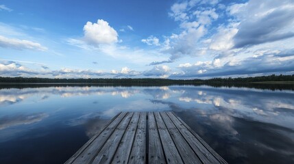 Serene waters reflecting vibrant clouds above an empty dock with a tranquil boat floating peacefully