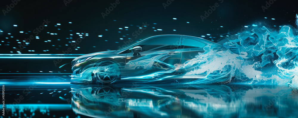 Poster a car is shown in a blue and silver color with water splashing around it. the car is moving fast and