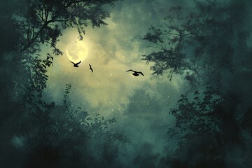 Fototapeta premium A full moon shines through a misty forest as birds fly overhead.