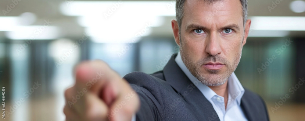Poster a man in a suit is pointing at something. he has a serious expression on his face. concept of import