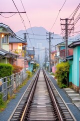 Colorful Houses Line a Railway Track in a Japanese City