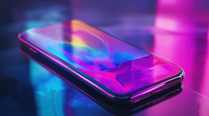 Modern Smartphone with Neon Light Reflection and Holographic Screen