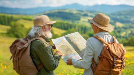 Fototapeta premium Two older people are looking at a map while wearing straw hats. They are both wearing backpacks