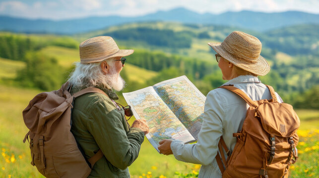 Two older people are looking at a map while wearing straw hats. They are both wearing backpacks
