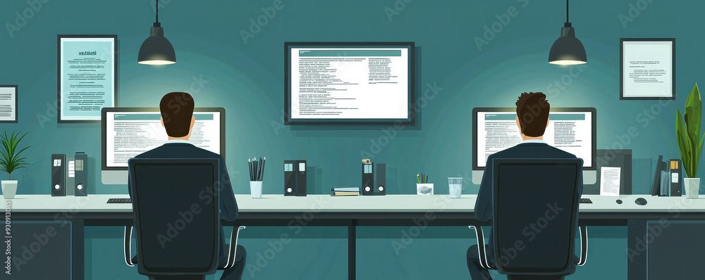 Aufkleber two men are sitting at a desk with two computer monitors in front of them. the room is dimly lit, an