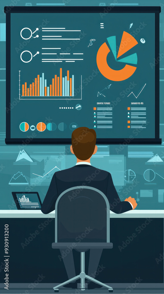 Poster a man is sitting at a desk in front of a computer monitor displaying a graph. he is wearing a suit a