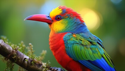 Obraz premium A colorful rainforest bird perched on a branch, focus on its feathers and beak, with a clean
