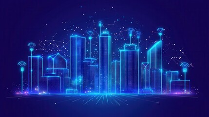 Naklejka premium Smart City Skyline with Network Connections and Wifi Signal