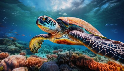 Fototapeta premium A sea turtle gliding over a coral reef, the focus on the turtle's shell and flippers, with t